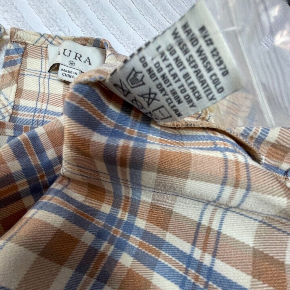 Aura Women's Medium Round Neck Brown Plaid Long Sleeve Ruffle Top Blouse NWOT - Picture 7 of 7